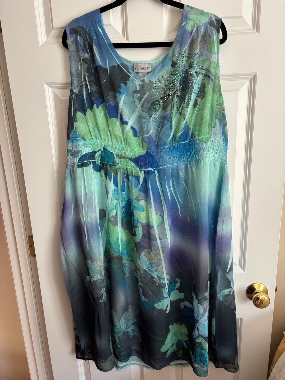 Catherines Blue-Green Floral Midi Dress with Rhinestone Detail